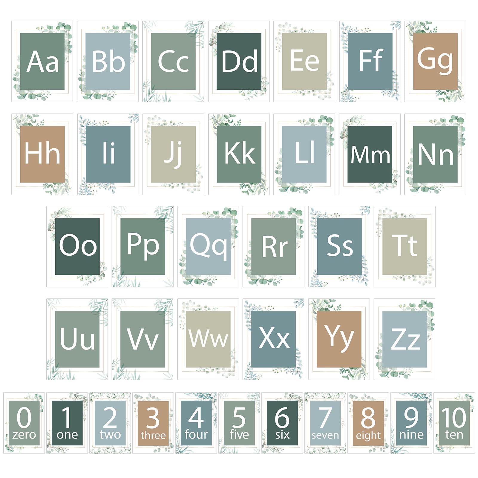 36Pcs Greenery Alphabet and Number Bulletin Board Set Eucalyptus Educational Preschool Cards ABC Letters 0-10 Number Posters for Kids Kindergarten Classroom Wall Decoration Supplies