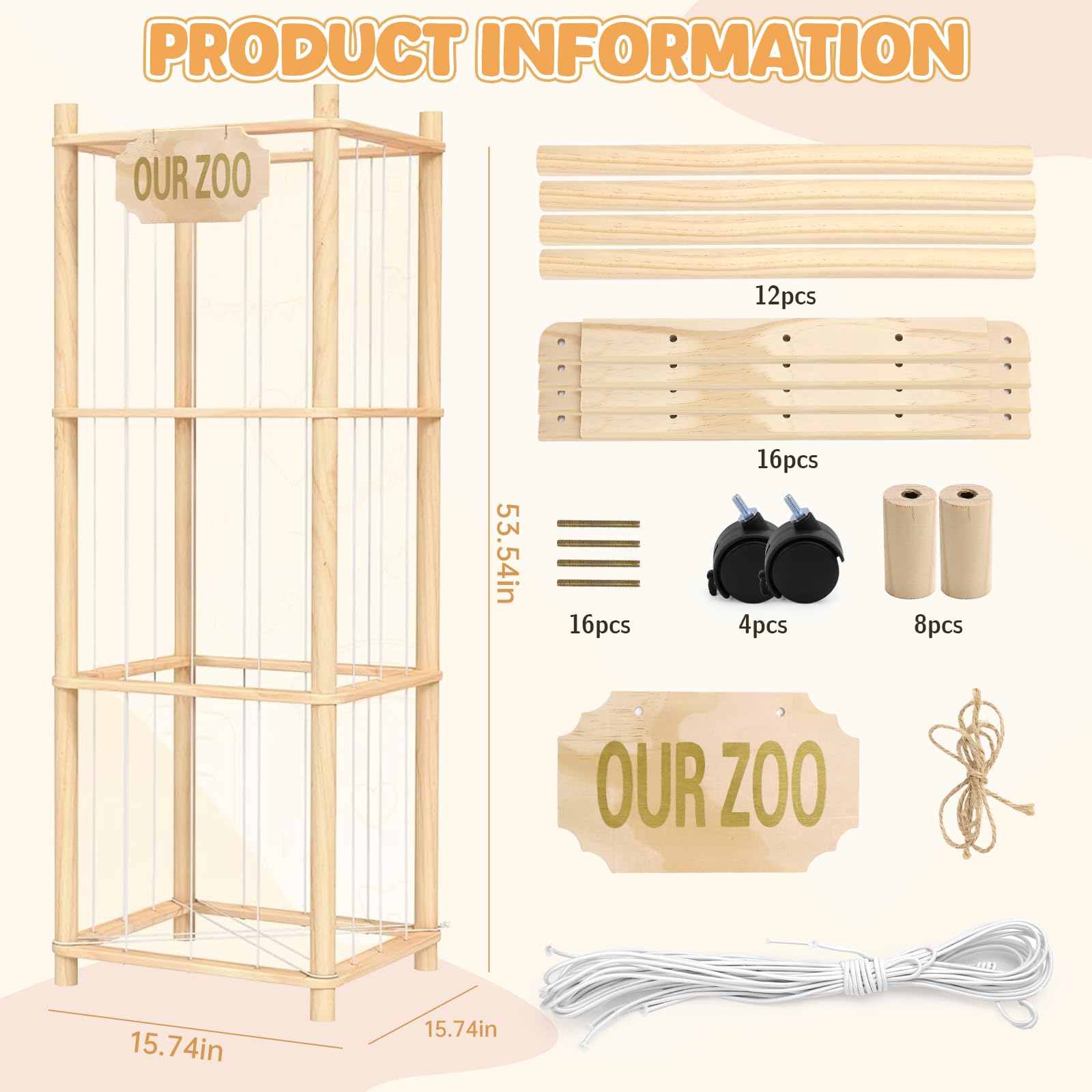 Caja de almacenamiento de animales de peluche de madera, 146 cm, con ruedas, 3 niveles, almacenamiento de peluche, organizador para habitación de los niños, estantería de zoológico de peluche, incluye