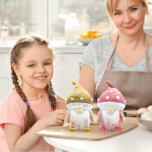 Miniatura 7 de Juego de 2 gnomos de primavera de hongos de felpa, decoraciones de Pascua, regalo hecho a mano, figuras de elfo enano para el hogar, cocina, granja,