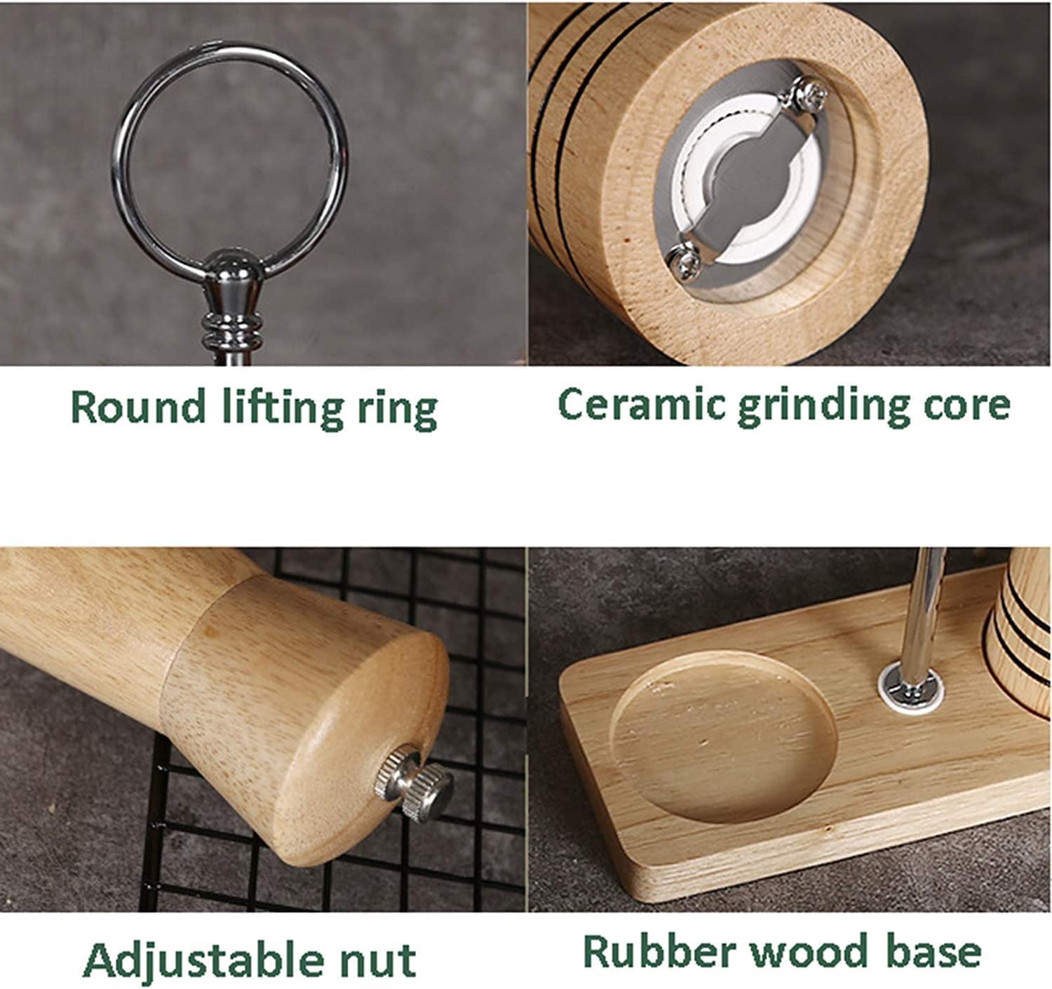 Manuelle Gewürzmühle, Salz- und Pfeffermühlen-Set mit Ständer, Salz- und Pfeffermühlen mit Einstellbarer Keramik-Grobheit, Salz- und Pfeffermühlen aus Holz – 2er-Pack
