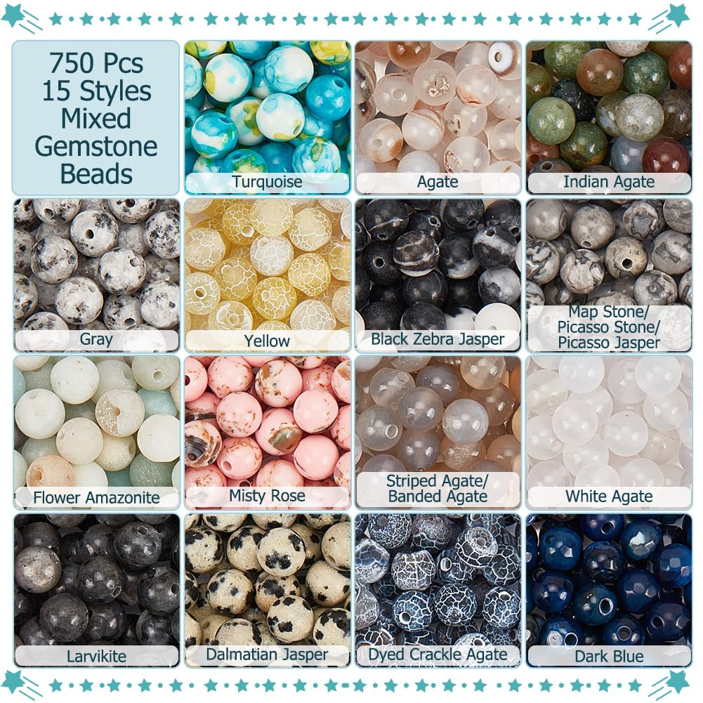NBEADS 750 Stück 15 Stile Natürliche Runde Steinperlen, Gemischte Edelstein Perlen Kits 6mm Kristalle Edelstein Perlen Lose Spacer Perlen für Armband Halskette Ohrringe Schmuckherstellung, Loch: 1mm