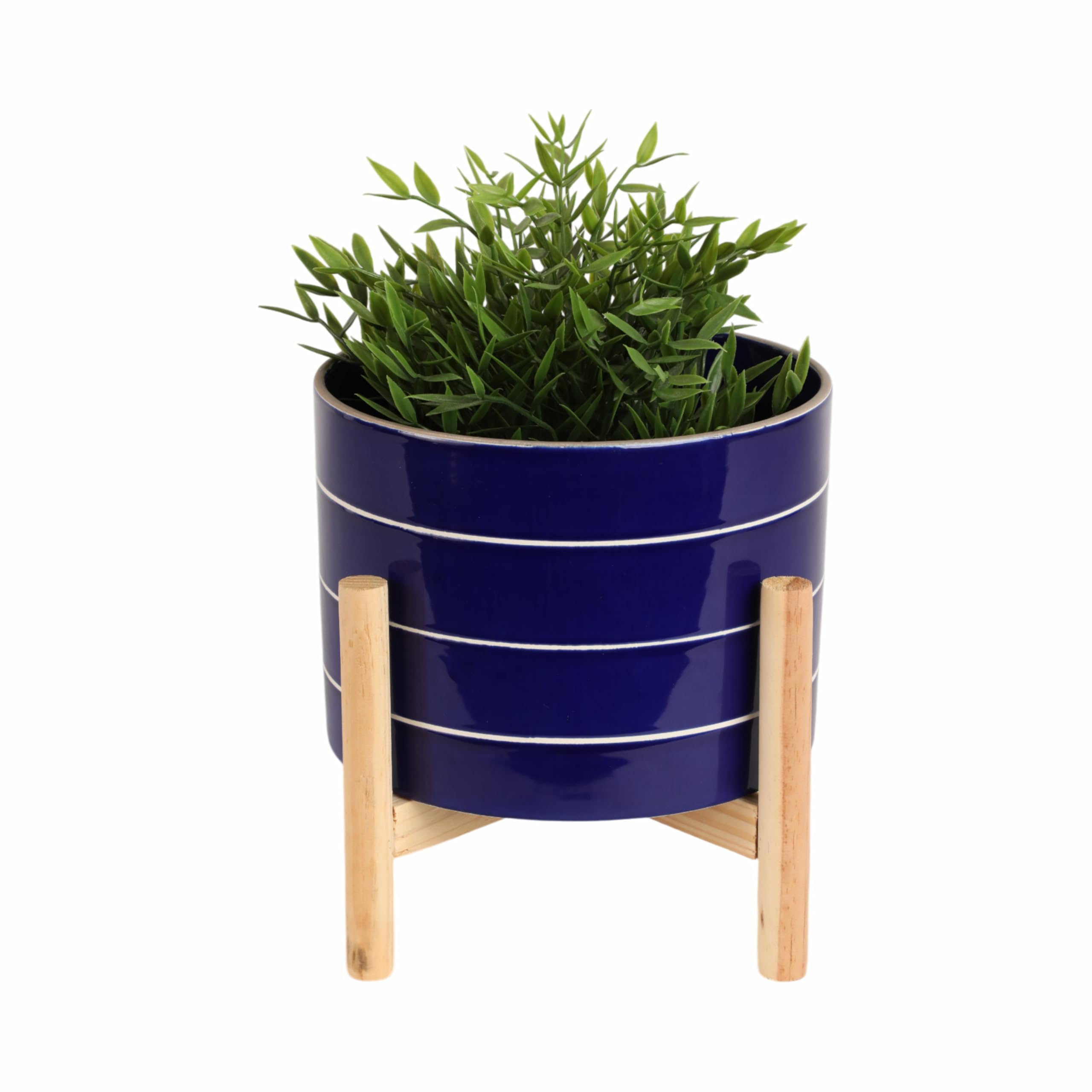 Sagebrook Home Stoneware Ceramic Planter with Wooden Stand - Modern Flower Pot for Indoor & Outdoor Plants - Durable Garden Decor for Home - 9