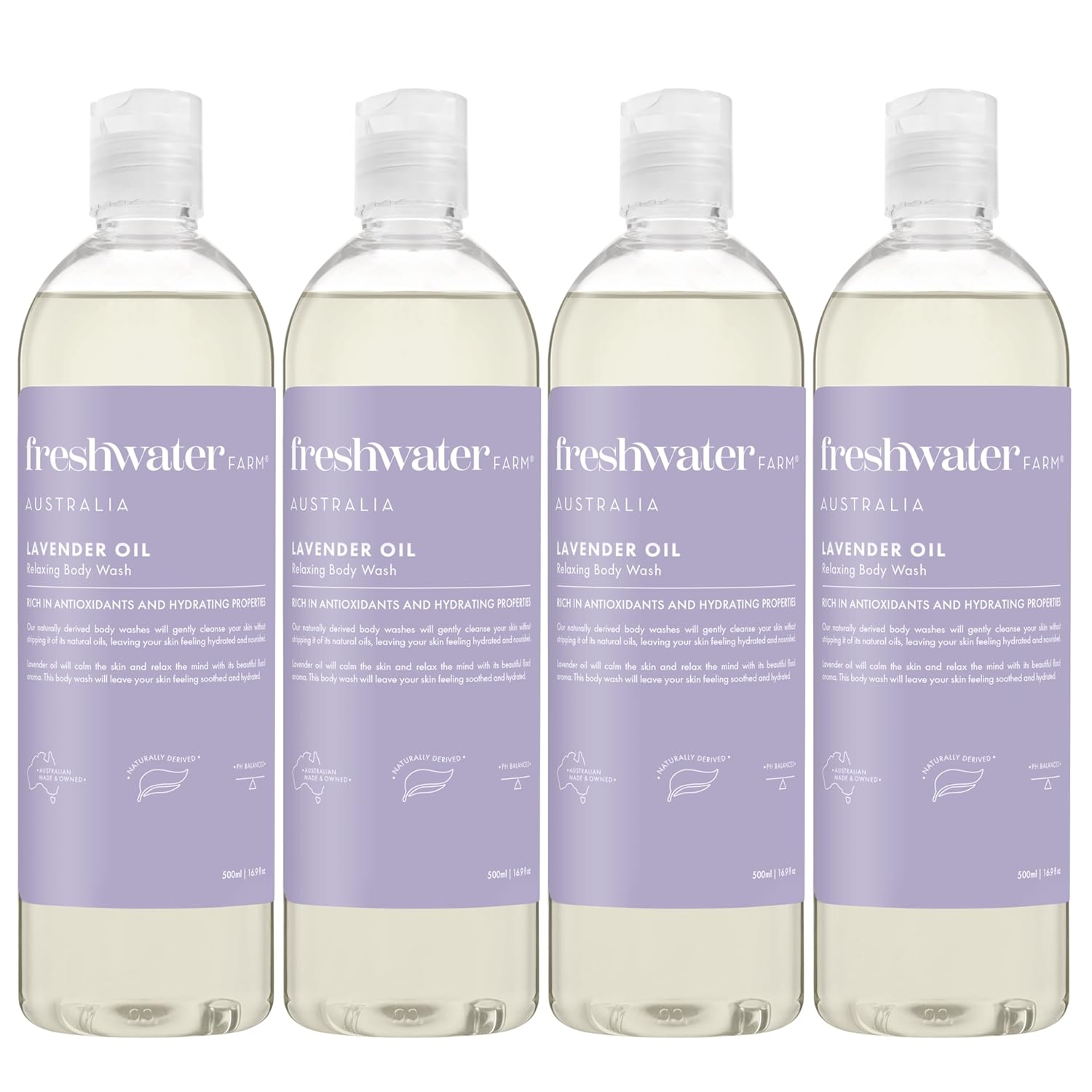 Freshwater Farm Australia Naturally Derived Shower Gel Body Wash - Paraben, Phthlate Free, Relaxing Lavender Oil - Moisturizing Body Wash for Women - 16.9 fl oz 4PK