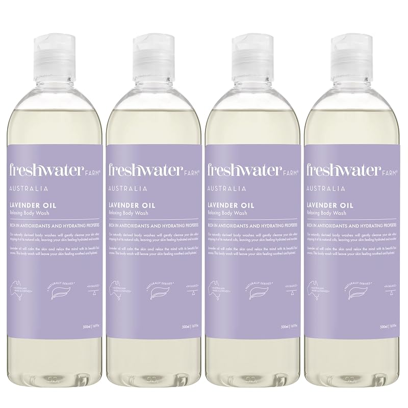 Freshwater Farm Australia Sabonete líquido corporal com óleo de lavanda, Pacote com 4 frascos de 500 mL