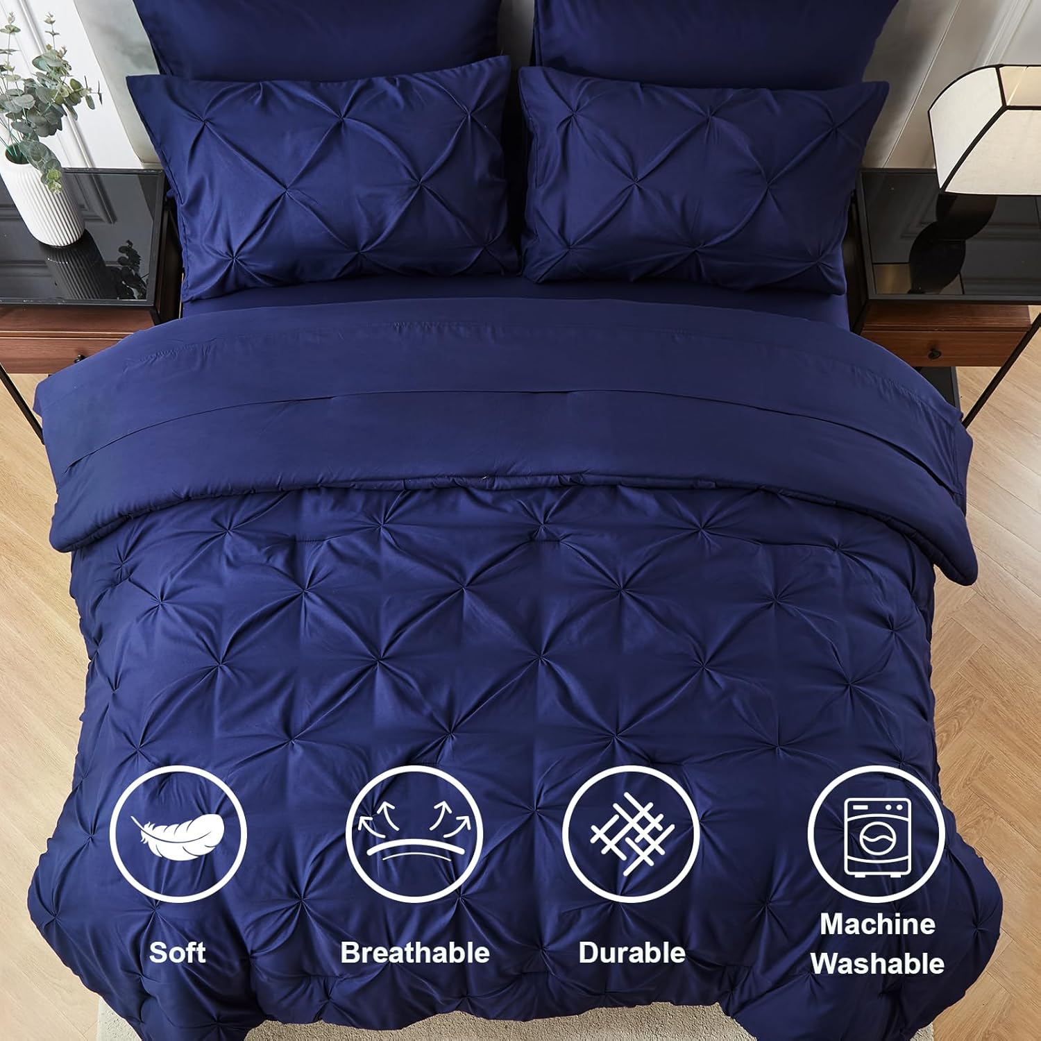 WURUIBO Comforter Set King Size, DarkBlue 7 Pieces Bed in a Bag, Ultra Soft Bedding Set, Bed Set for All Seasons, Bed in a Bag with Comforter, Flat Sheet, Fitted Sheet, Pillowcases, Pillow Shams