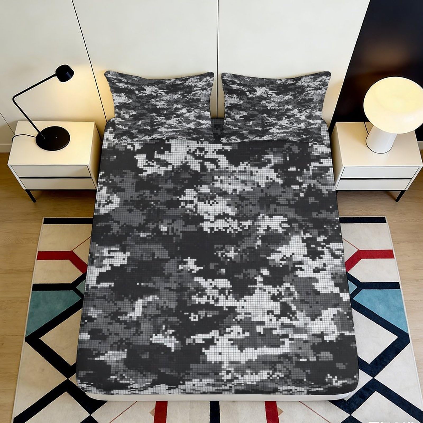 3D Printed Pixel Camo Fitted Sheet Microfiber Soft Breathable Digital Camouflage Mattress Cover for Bedroom Decor 90x200x25cm