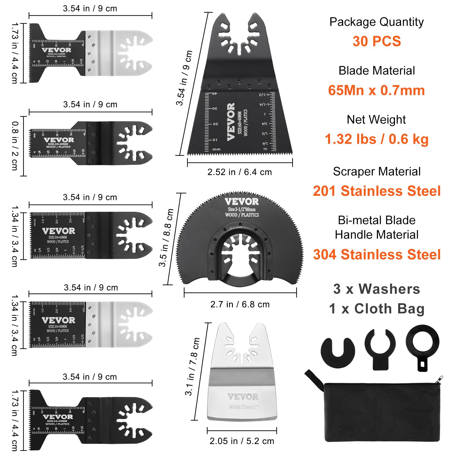 VEVOR Hojas de Sierra Oscilante 30 Piezas Universal Multifunción Liberación Rápida 8 Tipos de Hojas Herramientas Oscilantes para Madera Metal Plástico para Dewalt Milwaukee Hitachi Chicago Craftsman