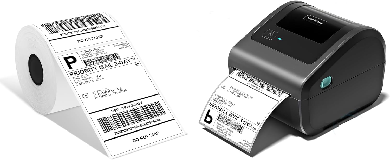 LabelCreate D450BT thermal label printer with a roll of shipping labels