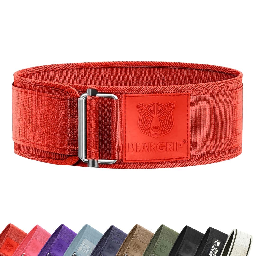 BEAR GRIP - Self-Locking Weight Lifting Belt, Premium Weightlifting Belt for Crossfit, Power Lifting, Bodybuilding, Lifting Belt for Men and Women, Workout Belt for Liftin (Red, S)