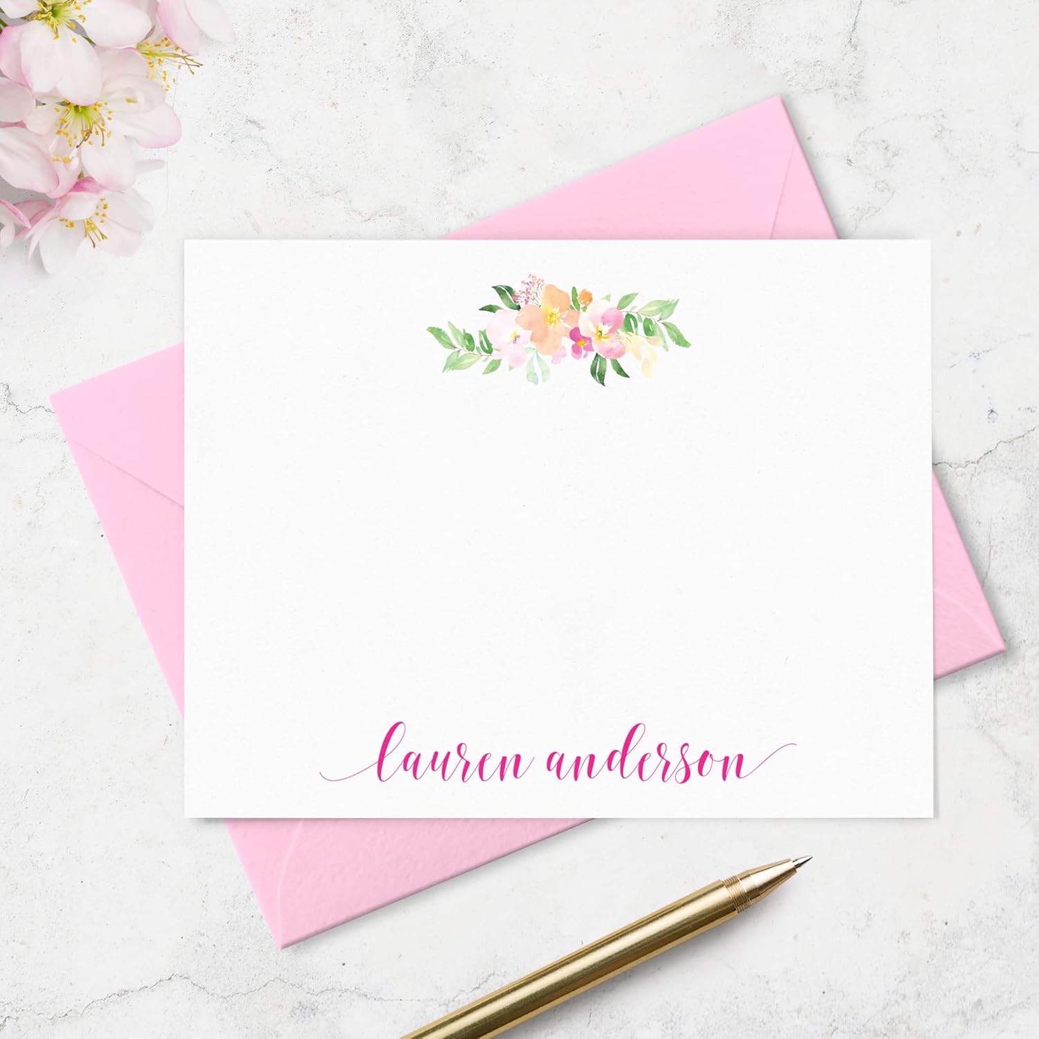 Fairmont & Grove Personalized Floral Note Card and Envelope Stationery Set for Women - Pretty Pink Watercolor Corner Flower Design A2 Flat Note Cards Stationary (Blush & Green at Top)