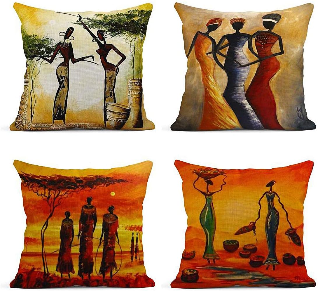 ArtSocket Set of 4 Linen Throw Pillow Covers Oil Painting African Women Decorative Pillow Cases Home Decor Square 18x18 inches Pillowcases