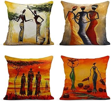 ArtSocket Set of 4 Linen Throw Pillow Covers Oil Painting African Women Decorative Pillow Cases Home Decor Square 18x18 inches Pillowcases