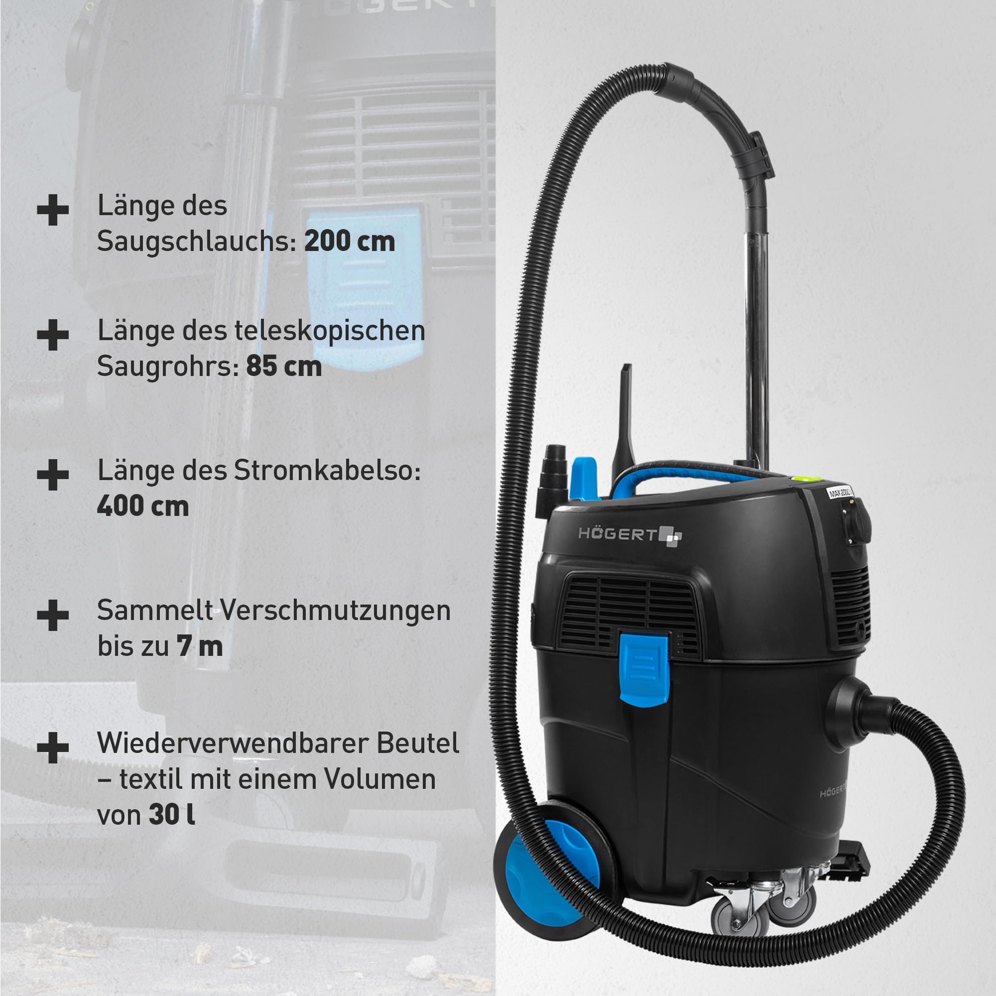 Högert Technik – Nass- und Trockensauger 30 L mit automatischer Filterreinigung, Funkfernbedienung, HEPA-Filter, Steckdose für Elektrowerkzeuge, 1600W Leistung
