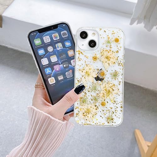 Miniatura 4 de Abbery Funda transparente para iPhone 14 con diseño de flores reales prensadas, purpurina y brillo dorado, bonito patrón floral de margaritas Dorado