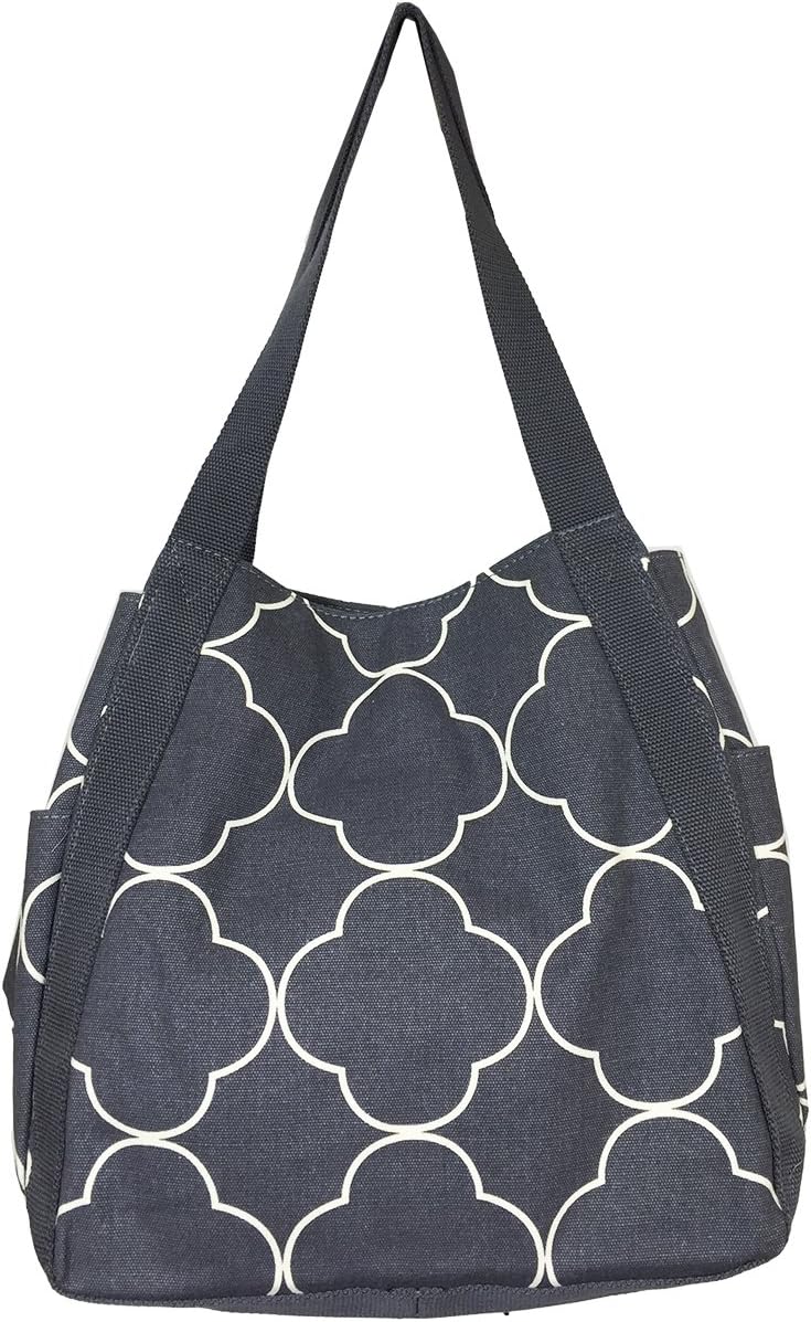 NEW! High Quality Pattern Prints Medium Roomy Canvas Tote Bag w/Top Snap Button Closure,Quatrefoil Grey