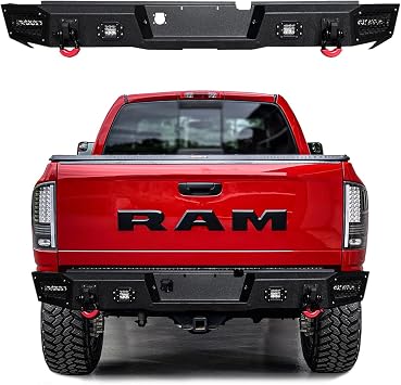 Compatible with 2002-2003-2004-2005 RAM 1500 Rear Bumper Textured Black Steel with Lights and D-rings