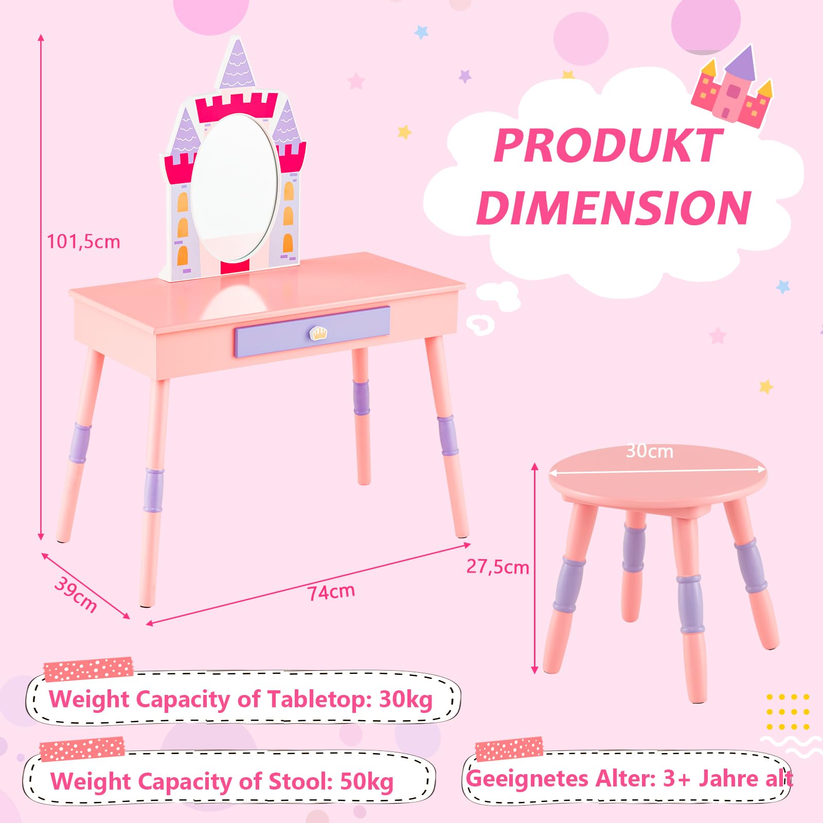 GOPLUS Kinder Schminktisch mit Spiegel, Prinzessin Frisiertisch mit Wachstumstabelle, Türhänger, Kleiderhaken & Wandregal, Kosmetiktisch Holz mit Hocker, Mädchen