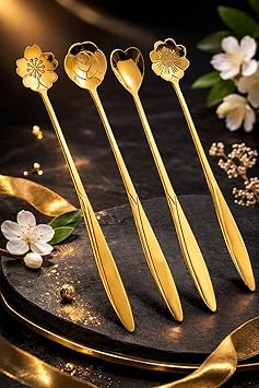 SHANTANU Golden Spoon Set/Coffee Spoon/Dessert Spoons/Cutlery Kitchen Tableware/Stainless Steel Gold Different Shape Coffee Spoons, Set of 4 Pcs