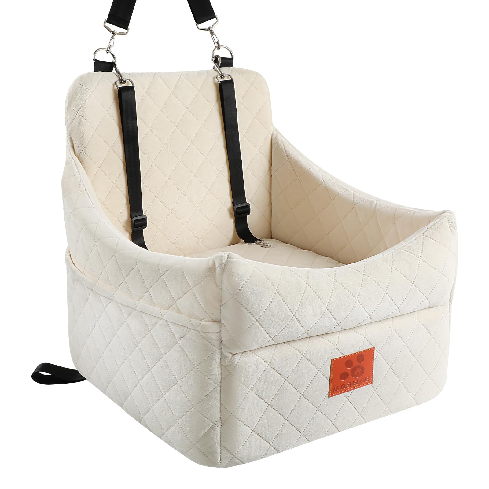 Dog Car Seat for Small/Medium Dogs, Dog Booster Car Seats with Thick Cushion for Dogs Under 35lbs, Detachable Washable Pet Carseat with Storage Pockets, 2 Safety Belts(Beige)