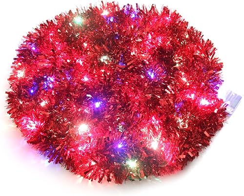 CCINEE Guirnalda de oropel preiluminada de Navidad, guirnalda roja de 33 pies, guirnalda colgante con 100 luces LED multicolor a pilas para
