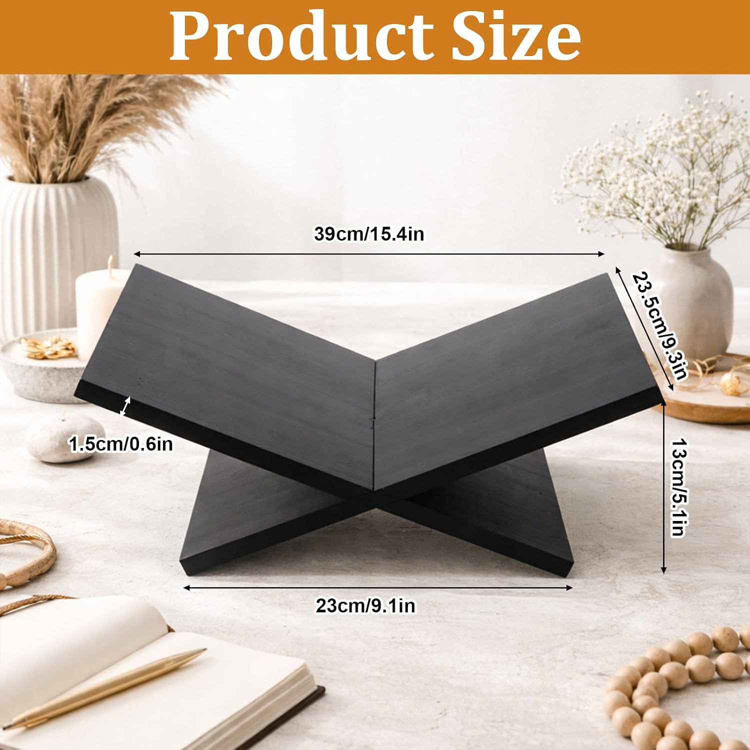 Open Book Stand, Large Wooden Book Holder for Desktop Decorative Display and Reading 15.4" X 9.3" X 5.1" Textbook Holder Books Holders Stand for Bible, Cookbook, Easel, Magazine, Textbooks-Black,