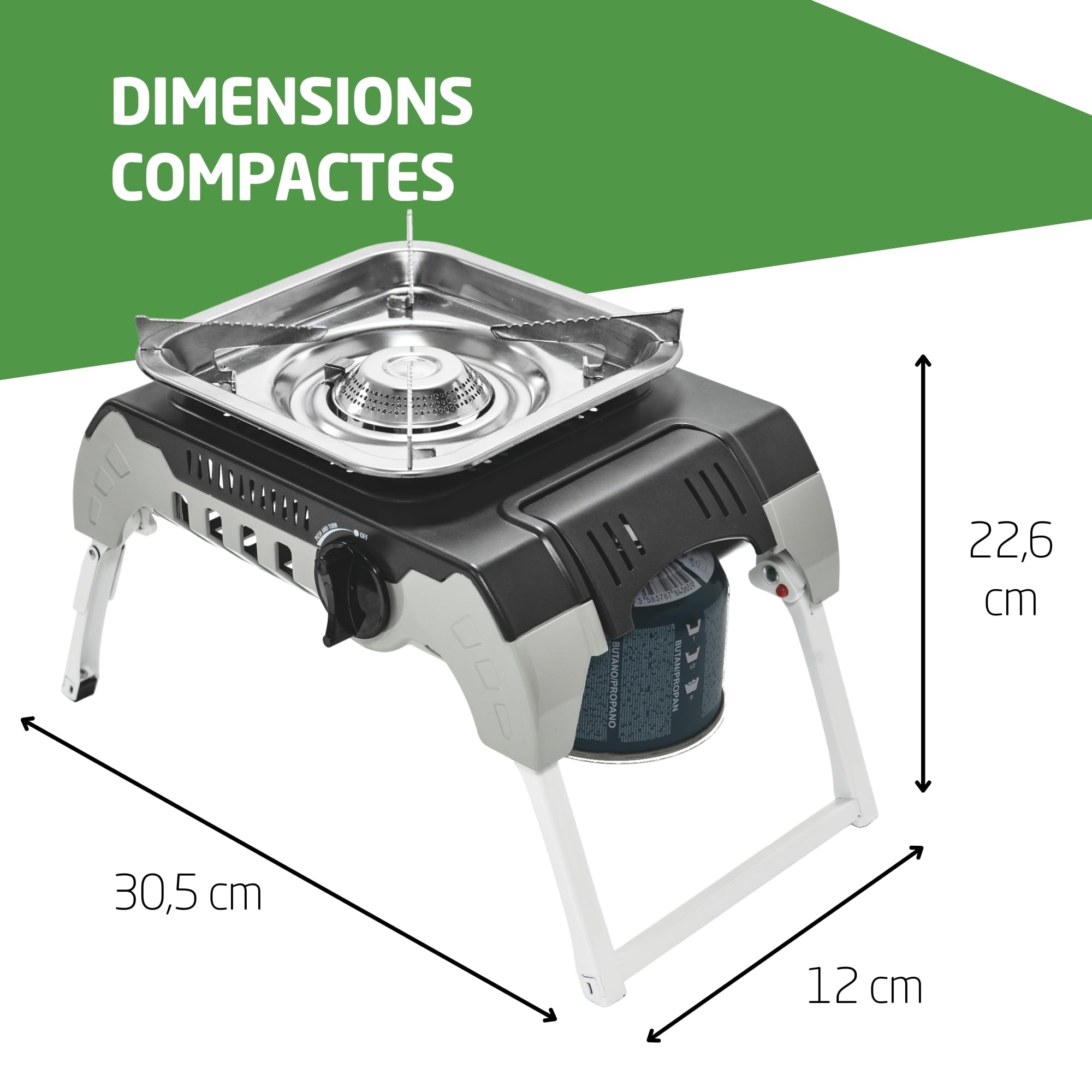 Amig – Camping Gas Möunt - Réchaud à Gaz Portable pour l’Extérieur – avec Support en Acier Inoxydable et Régulateur de Flamme – 2,4 kW de Puissance – Excursions et Camping – Certifié CE