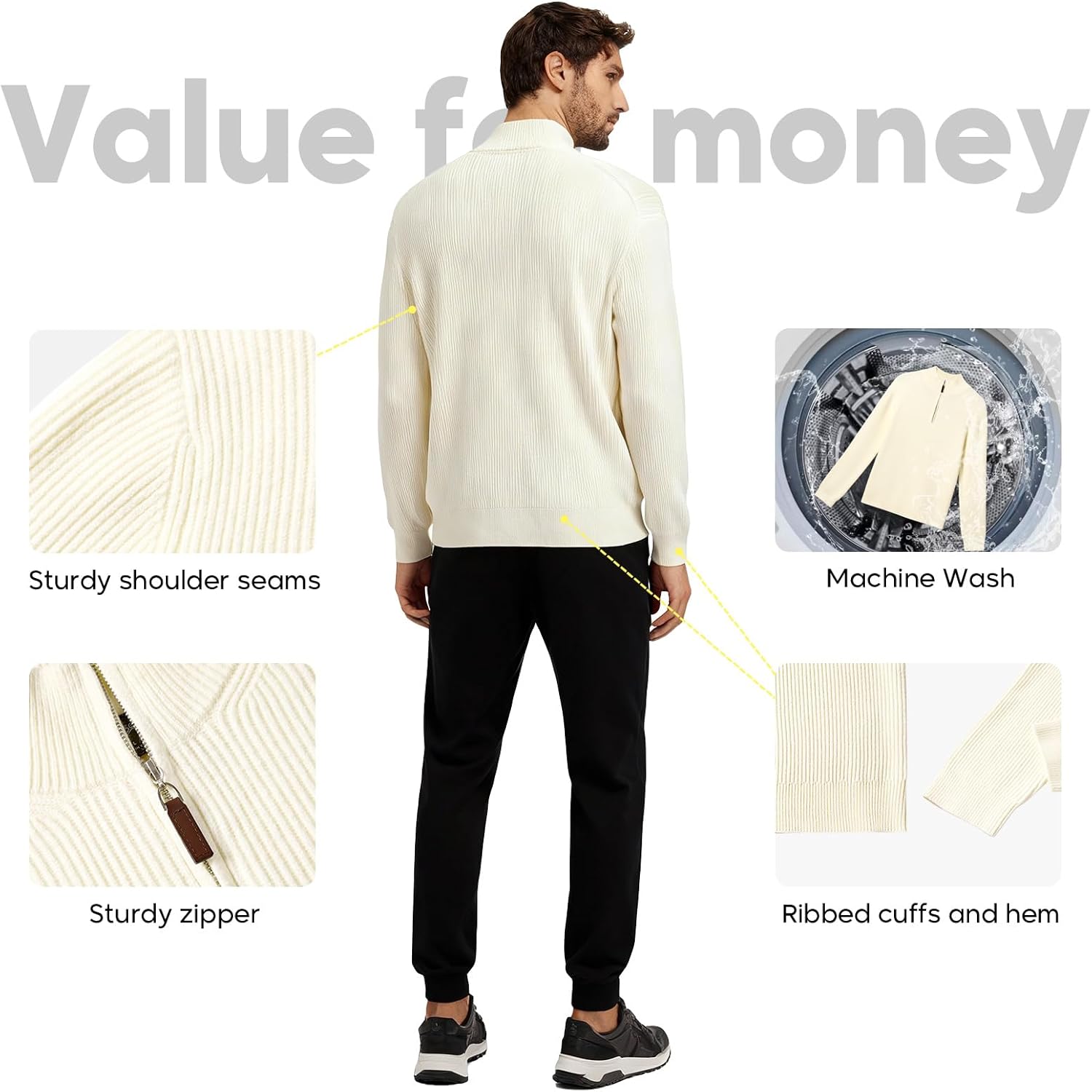 VPG Mens Quarter Zip Sweater, Regular Fit Lightweight Mock Neck Knit Striped Texture Polo Long Sleeve 1/4 Zip Pullover - Image 4