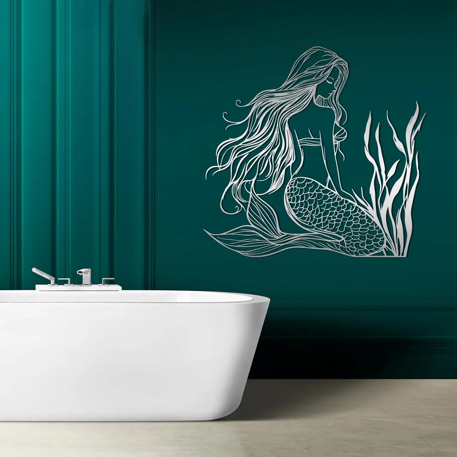 EANHIPE Mermaid Metal Wall Decor, Nautical Mermaid Metal Wall Art, Ocean Wall Art, Sea Life Wall Mount, Bathroom Decor, Beach Decorations for Home, Living Room (Silver, 28"x28"/70x70cm)