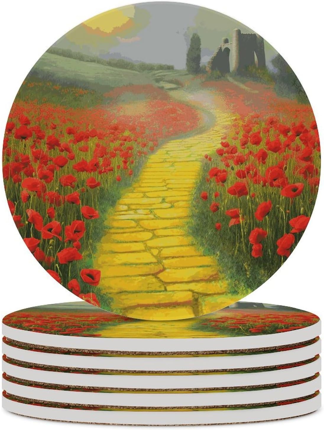 Poppies Field Yellow Brick Road Coaster with Cork Base Drink Coasters for Coffee Table Decor Modern Cup Coasters with Non-Slip & Heat-Resistant Cute Ceramic Table Coaster for Home Dining