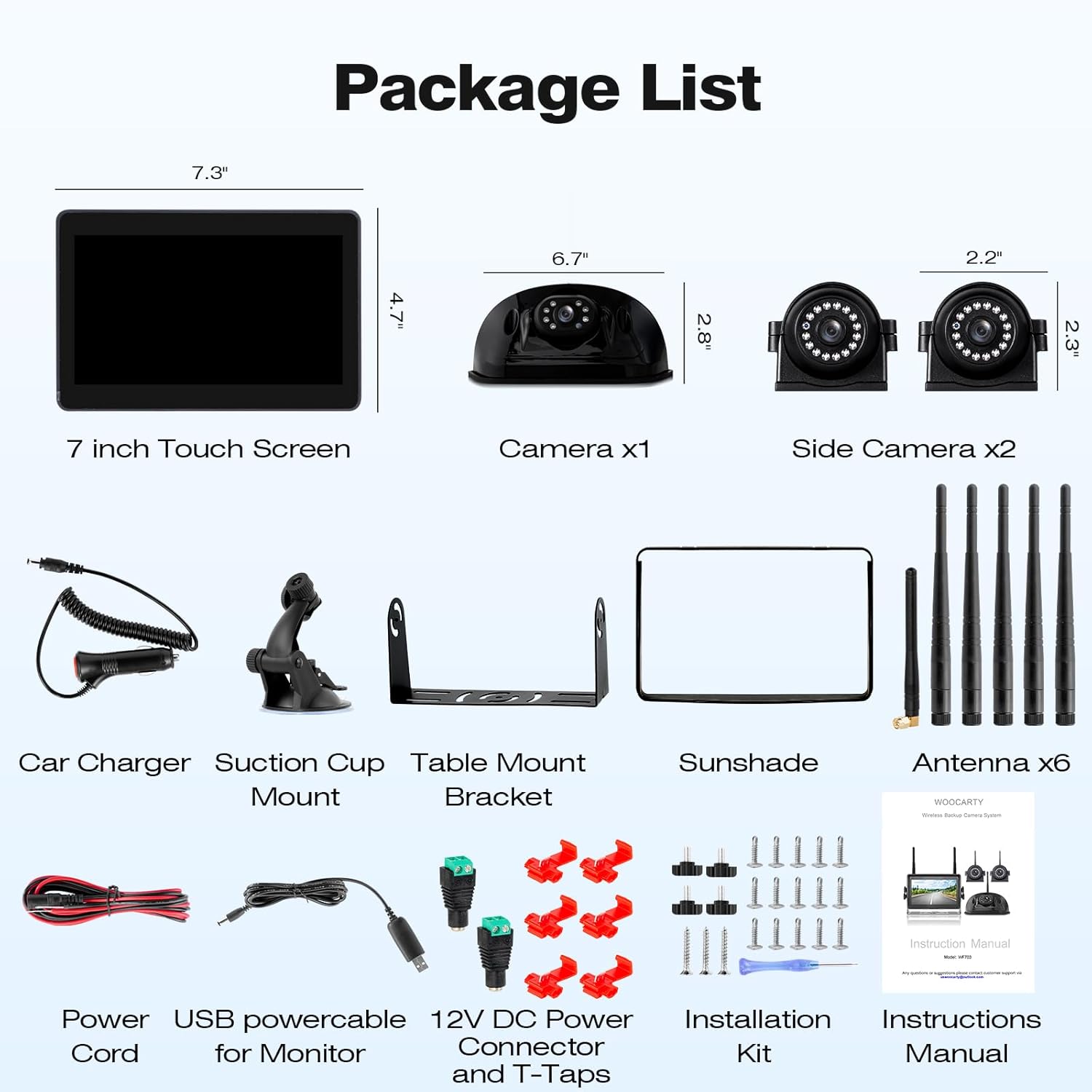 Diagram showing all components included in the WOOCARTY WF703 package: 7-inch touch screen, 1 rear camera, 2 side cameras, car charger, suction cup mount, table mount bracket, sunshade, 6 antennas, power cord, USB power cable for monitor, 12V DC power connector and T-taps, installation kit, and instruction manual.
