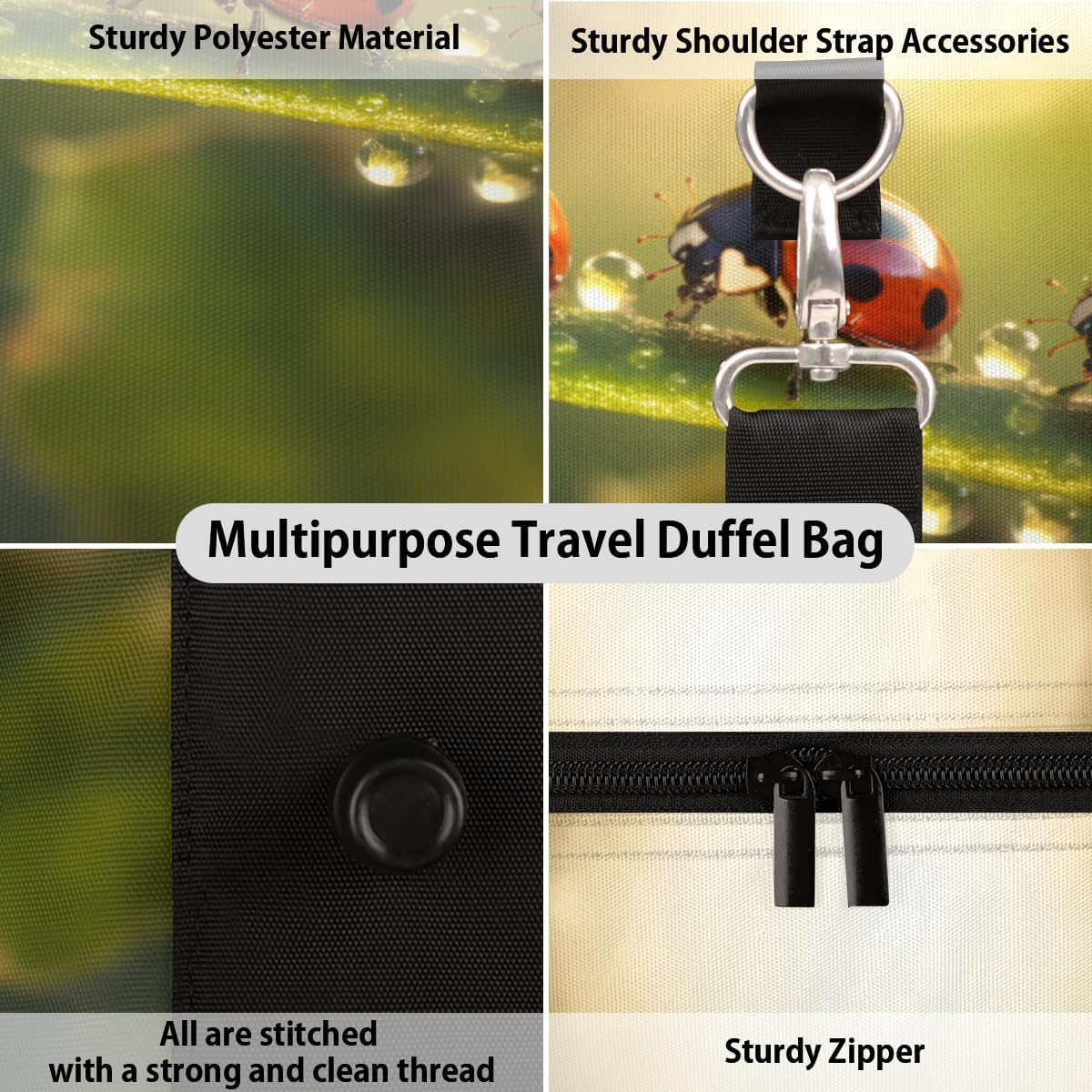 Leaves Watercolor Ladybird Raindrops Travel Duffel Bag for Women Men Large Capacity Overnight Weekender Bags for Lightweight Waterproof Sport Gym Bag for Workout Yoga Swim