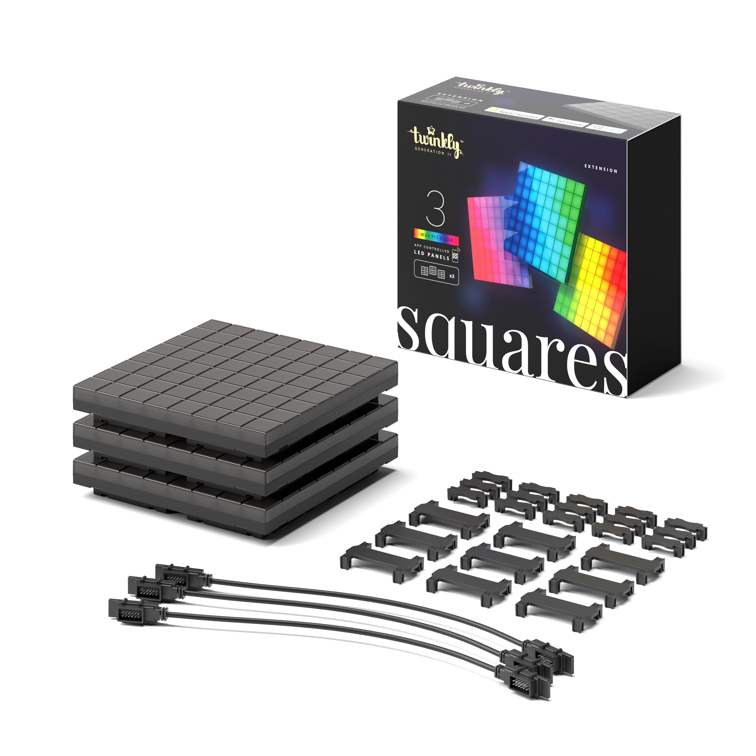 Squares Extension Kit, RGB LED Panels Kit, Including 3 Extension Panels and Connection Cables, Compatible with HomeKit, Alexa and Google Home, Gaming Lights and Streaming, 16M+ Colors