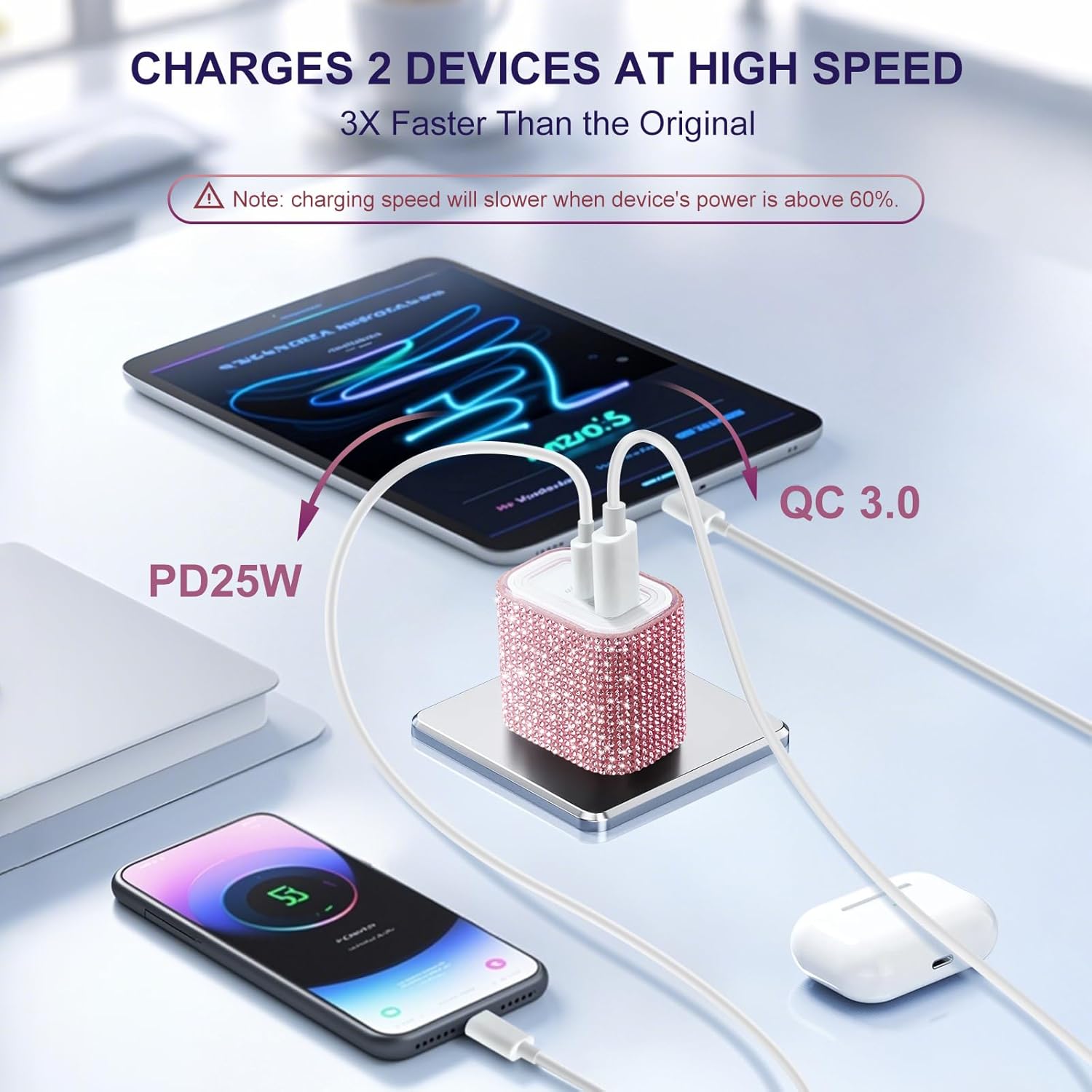 Aolcev for iPhone Charger Fast Charging Bling 2 in 1 USB A USB C Charger Block 25W Type C Fast Charging Blocks for iPhone 17 16 15 14 13 iPad Bling USB C Adapter for Galaxy S25 S24 Rhinestones Pink - Image 3