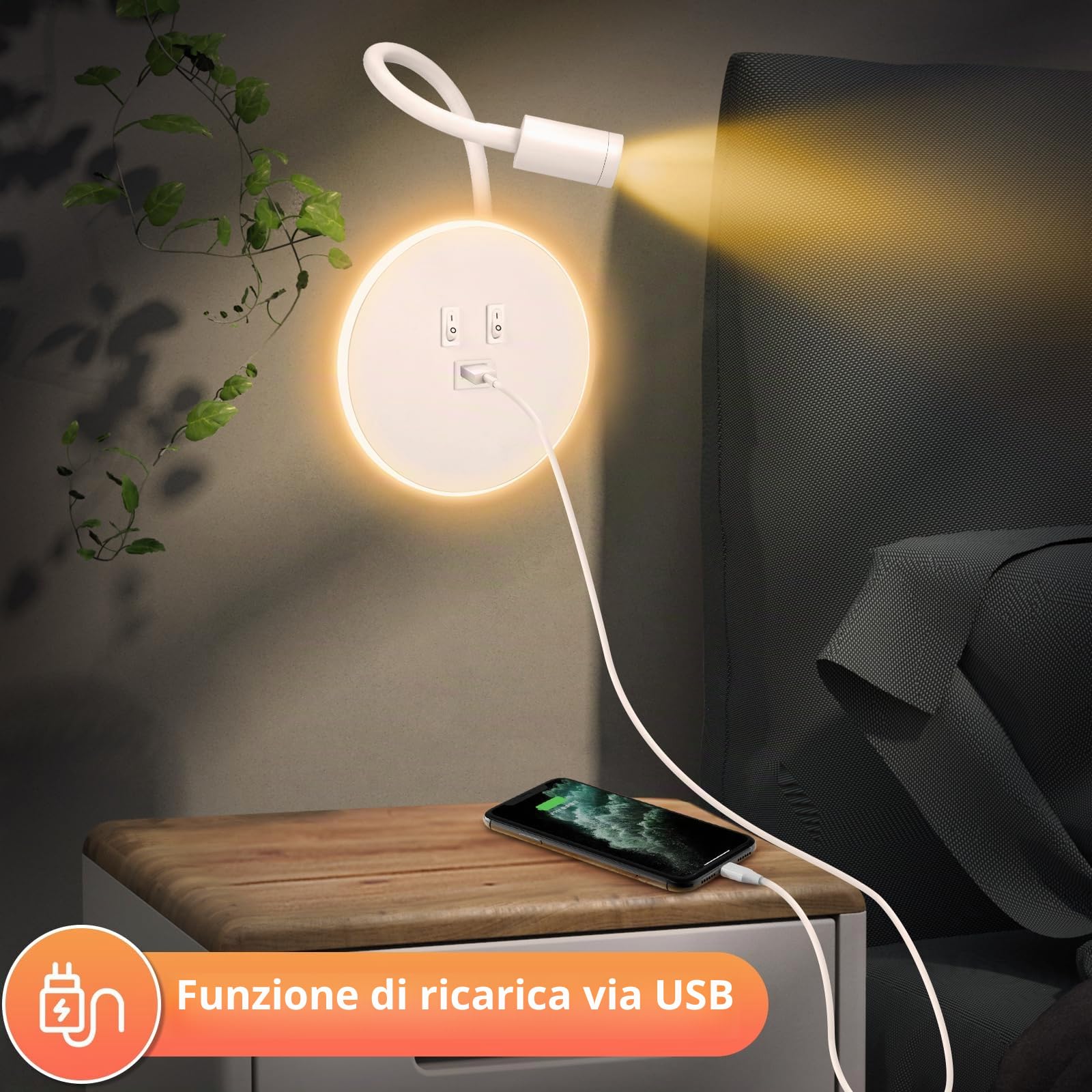 Weigudoc Lampada da Parete a LED Lampada a Collo di Cigno Flessibile, 2 Pezzi Faretto da Lettura a Muro 3W + 9W, Applique da Letto con Porta di Ricarica e Interruttore (Bianco)