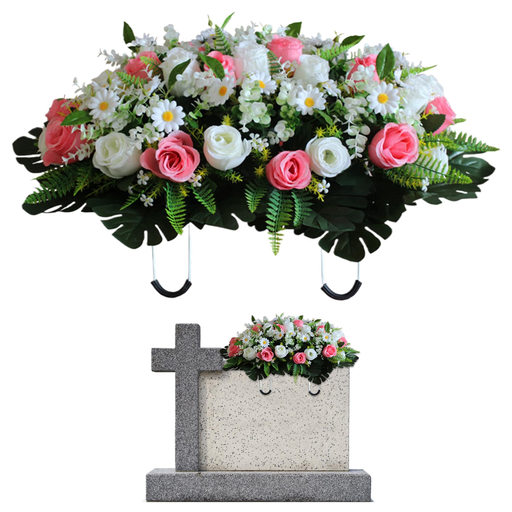 Fleurs de Tombe artificielles réalistes pour cimetière avec chrysanthèmes en Soie (64 x 47 cm) Style 1.