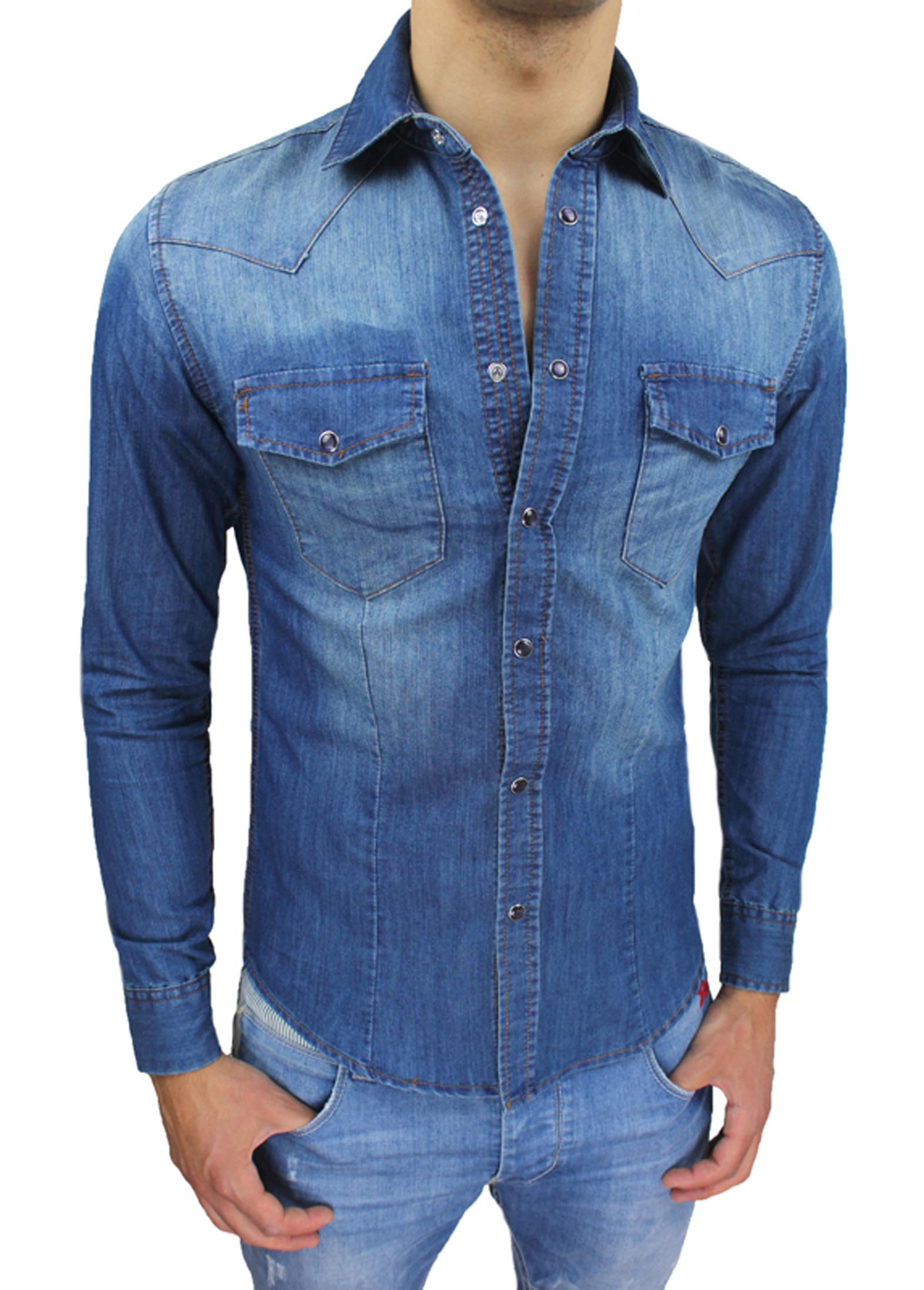 Evoga Camicia di Jeans Uomo Slim Fit Blu Denim Aderente Casual