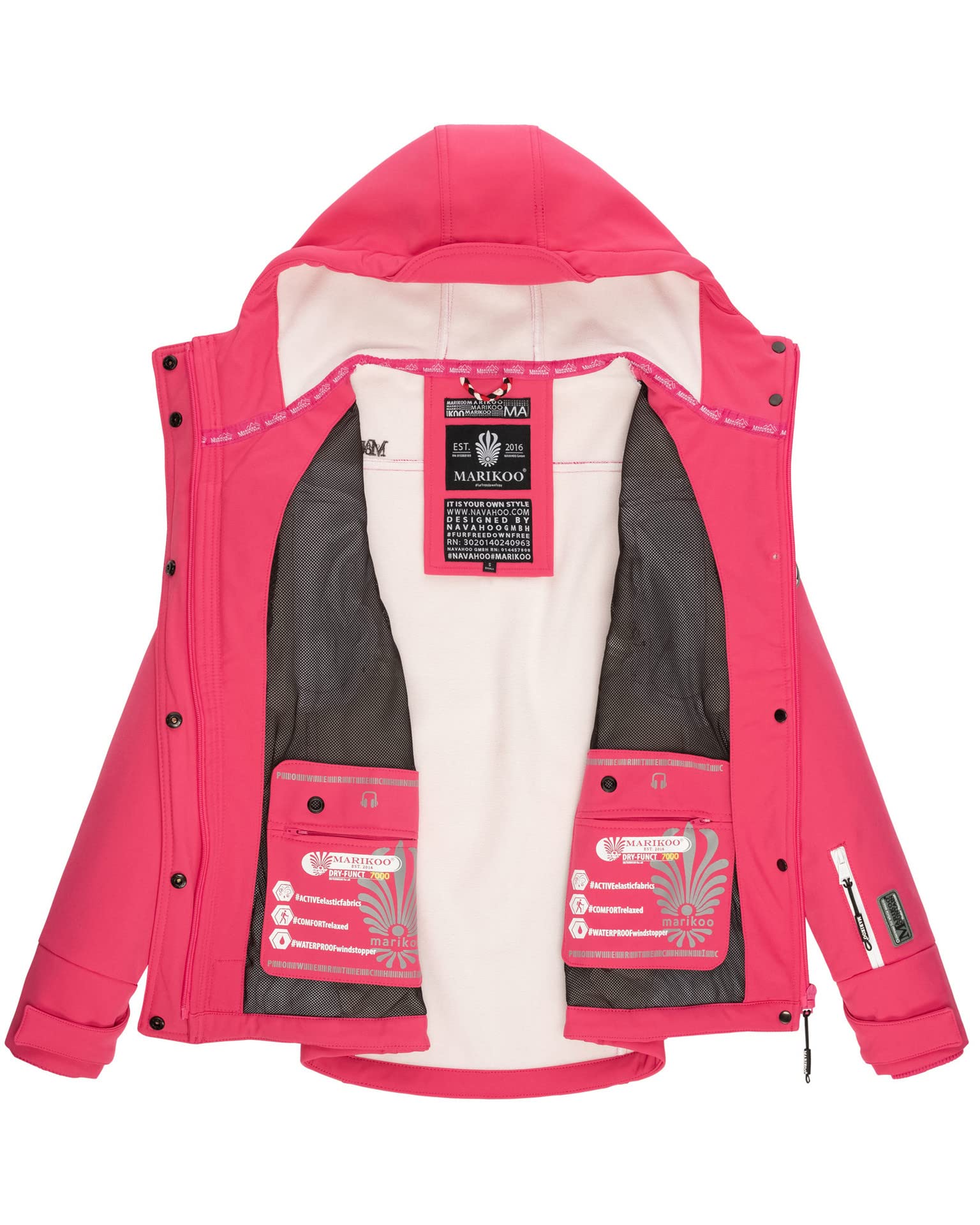 MARIKOO Damska kurtka softshell, wodoszczelna kurtka outdoorowa z kapturem, mały zamek, rozm. XS-XXL