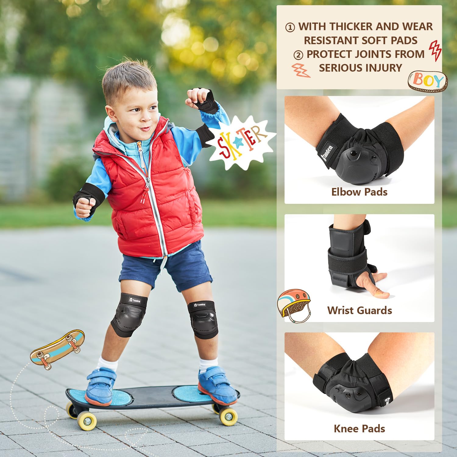 Tanden Skating Protective Gear Kids Knee Pads and Elbow Pads Set, Bike Knee Pads for Kids Wrist Guards for Roller Skating Toddler Knee and Elbow Pads