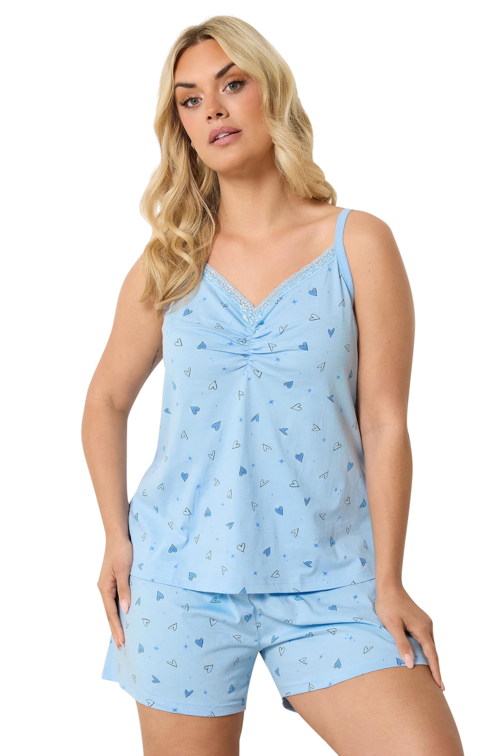 Yours Women's Baby Blue Heart Cami Short Pyjama Set In | Size: 30/32