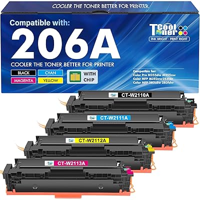 206A Toner Cartridges 4 Pack M283fdw M283cdw Set Compatible Replacement for HP 206A 206X Color Laserjet Pro MFP M255dw M283 M255 M255nw Printer High Yield Ink (with Chip) (Black Cyan Yellow Magenta)