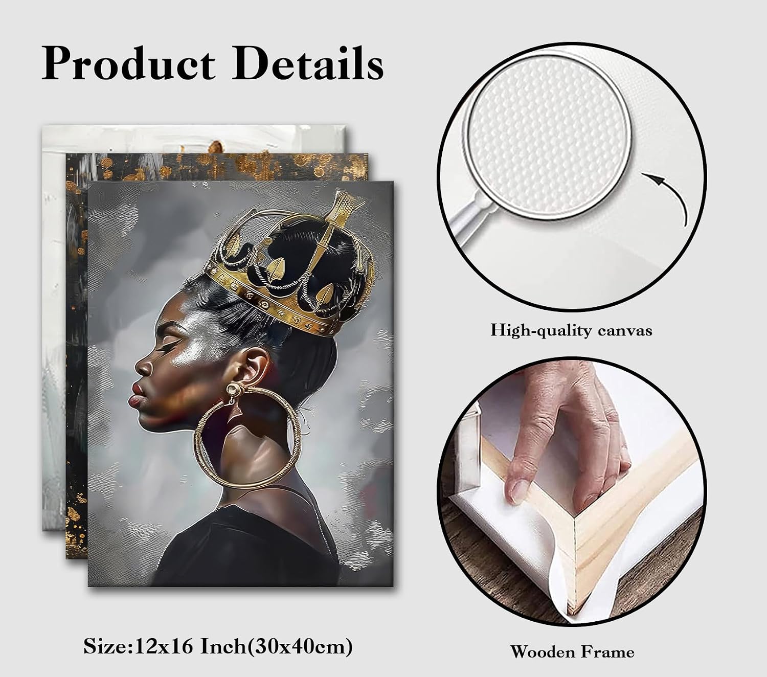 AUFDASORT 3 Pcs African King and Queen Canvas Wall Art, Modern Black and Gold Royal Portrait Canvas Prints, Gallery Wrapped Wall Decor for Living Room Bedroom Office, 12x16 Inch Ready to Hang