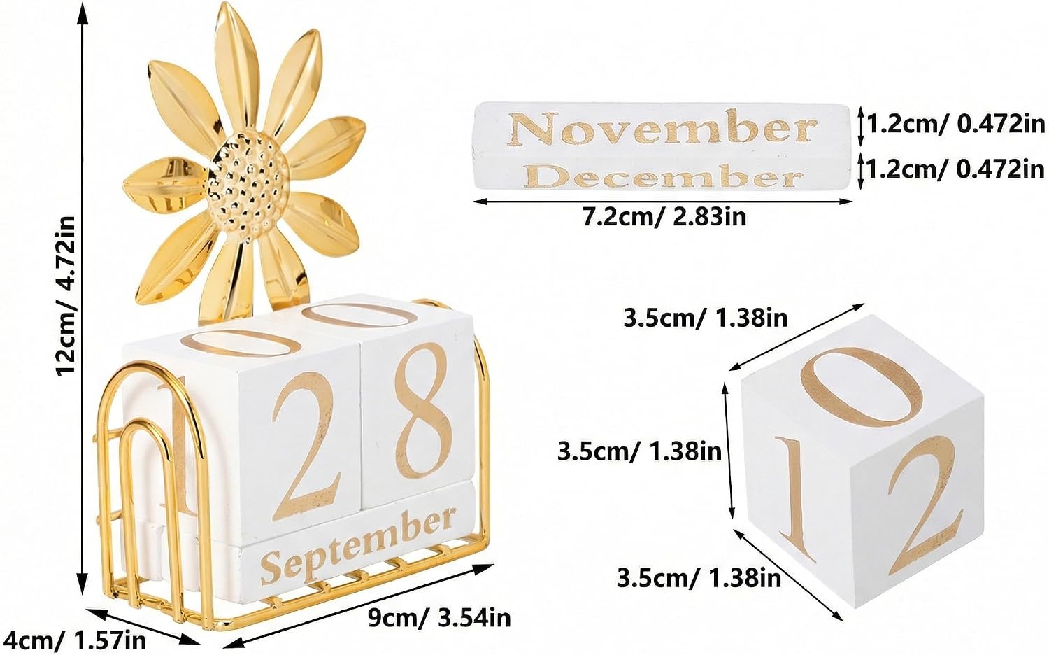SUPVOX Sunflower Wooden Perpetual Calendar: Vintage Reusable Desk Block Calendar for Home Office Decor - Rustic Yearless Month Date Display Signs