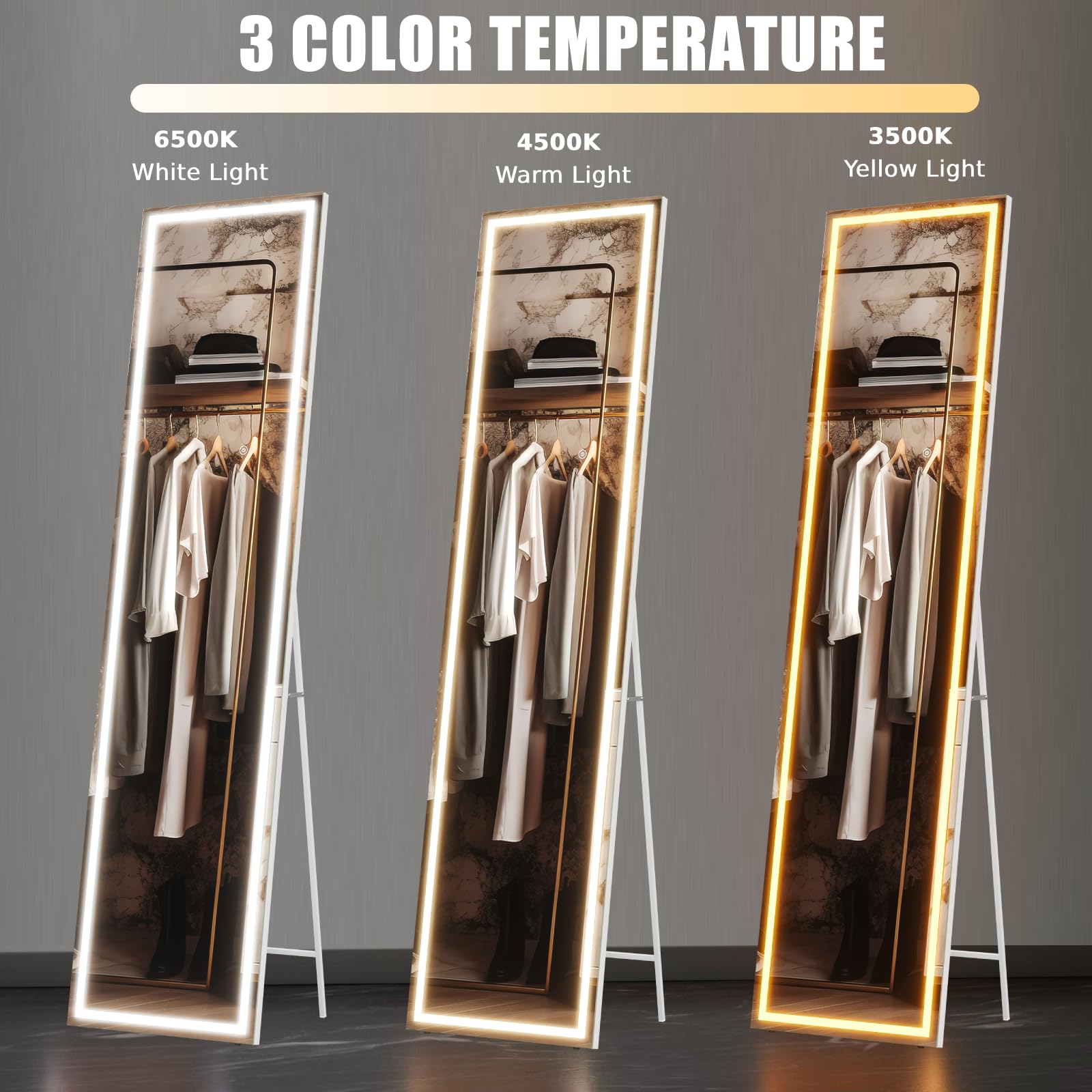 Specchio Intero Con Luci LED - 150x40 Cm, 3 Colori E 3 Luminosit&agrave;, Lente D'Ingrandimento 10x, Touch Control, Per Camera Da Letto