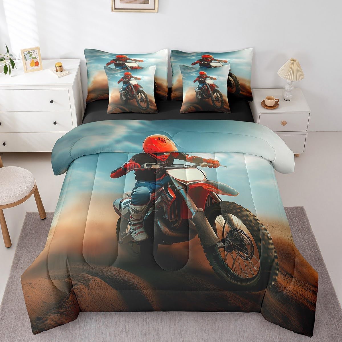 Loussiesd Motocross Rider Letto Trapuntato Extreme Sports Theme Piumino Letto Con Lenzuola 7 Pezzi 200x200cm(7-piece Set) Motocicletta Modello Lenzuola Copertura Decorazione Camera Dirt Bike Con