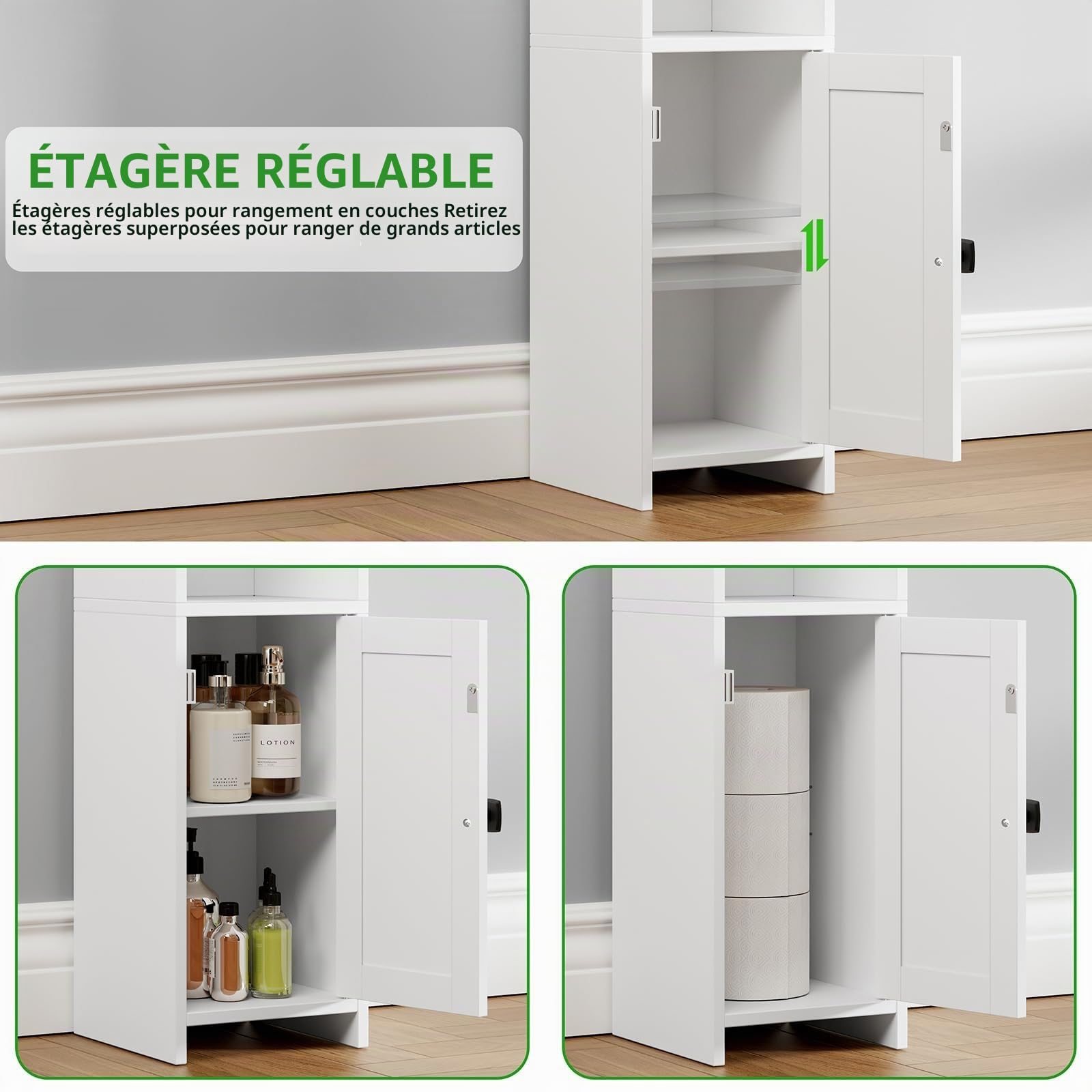 Lomojo Petit meuble d'angle de salle de bain, avec étagères réglables, autoportant, étroit, organisateur pour papier toilette pour petits espaces (blanc)