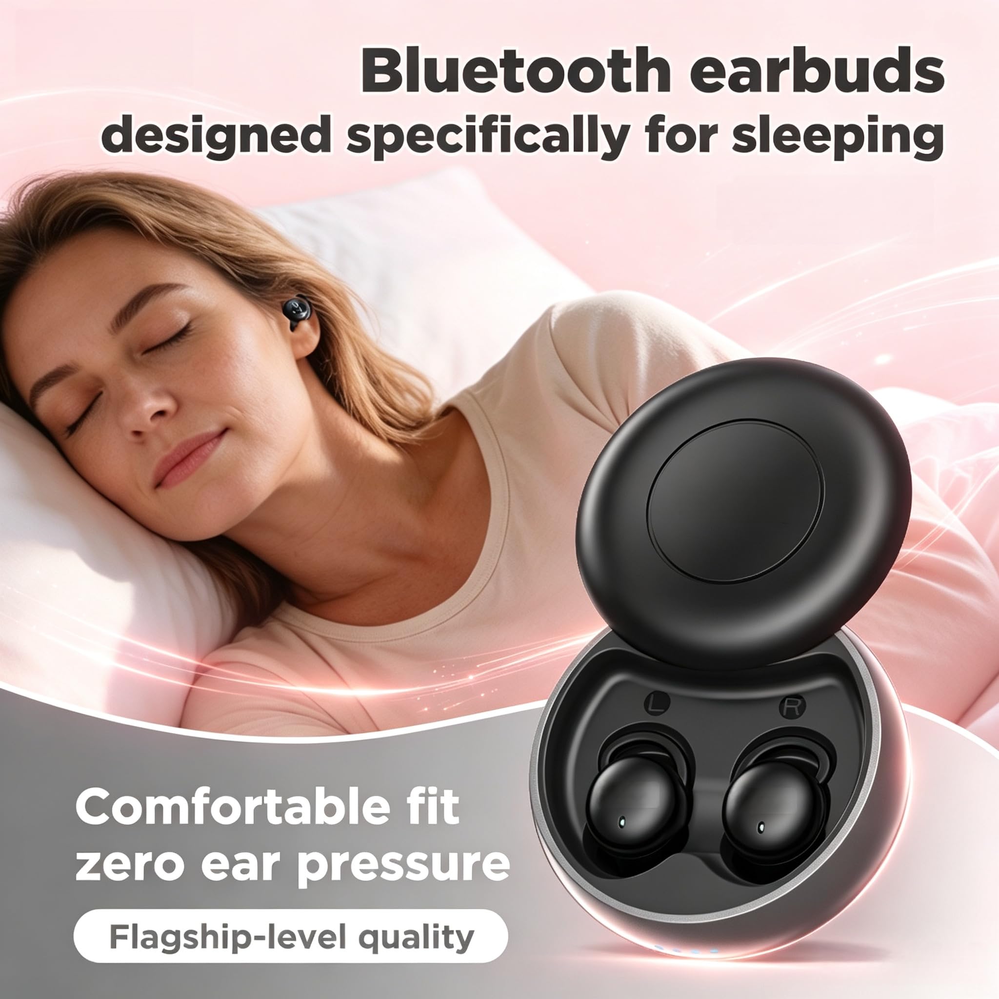 NE91 - Auriculares in-ear para dormir, mini auriculares Bluetooth inalámbricos para dormir de lado, auriculares ultraligeros de 2,4 g, cancelación de ruido de llamada adaptativa (negro)