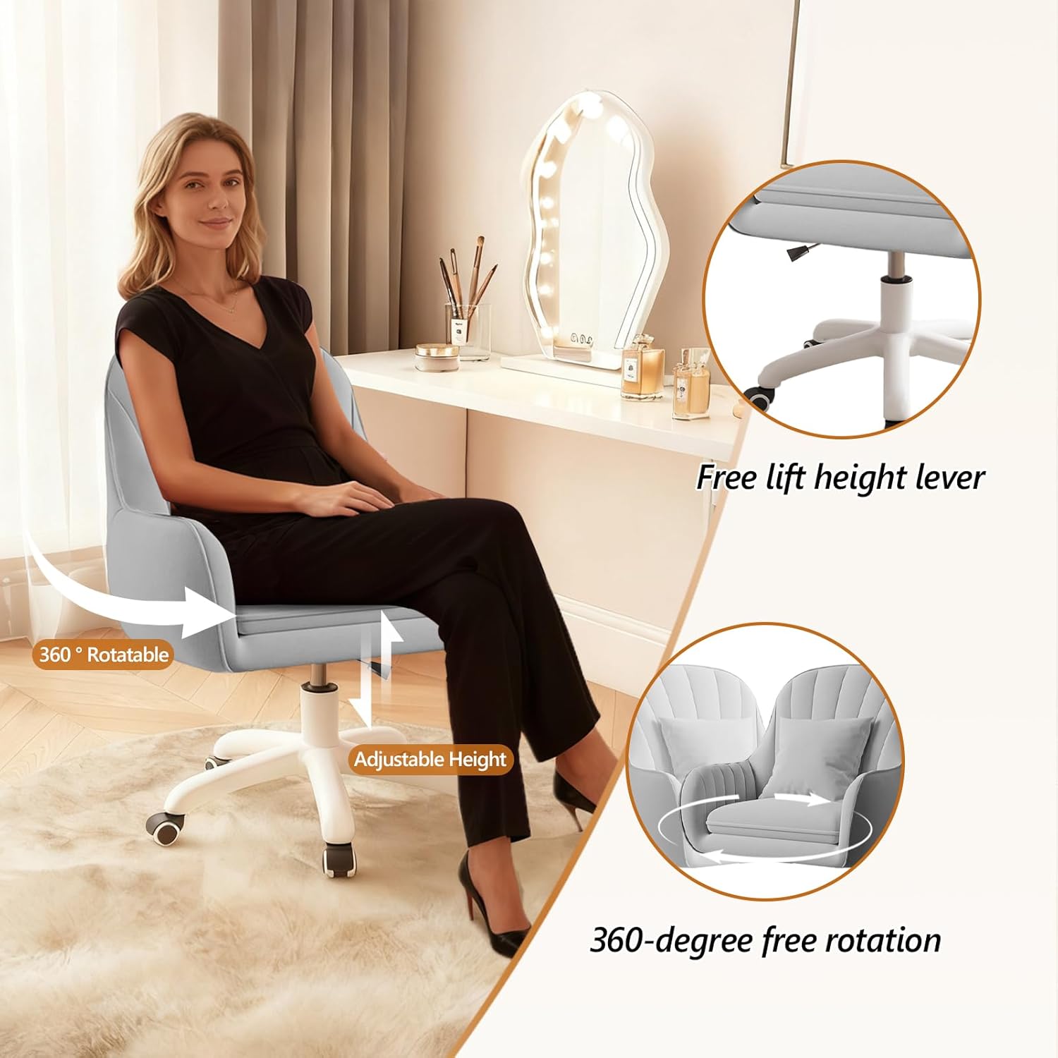 JPBSTO Cute Home Office Chair Velvet Upholstered Desk Chairs with Mid Back Swivel Adjustable Makeup Vanity Computer Chair with Wheels