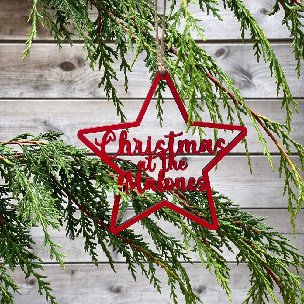 Personalised Coloured Star Christmas Tree Decoration, Wooden Family Name Bauble, Keepsake Bauble Gift, Festive Star Decoration