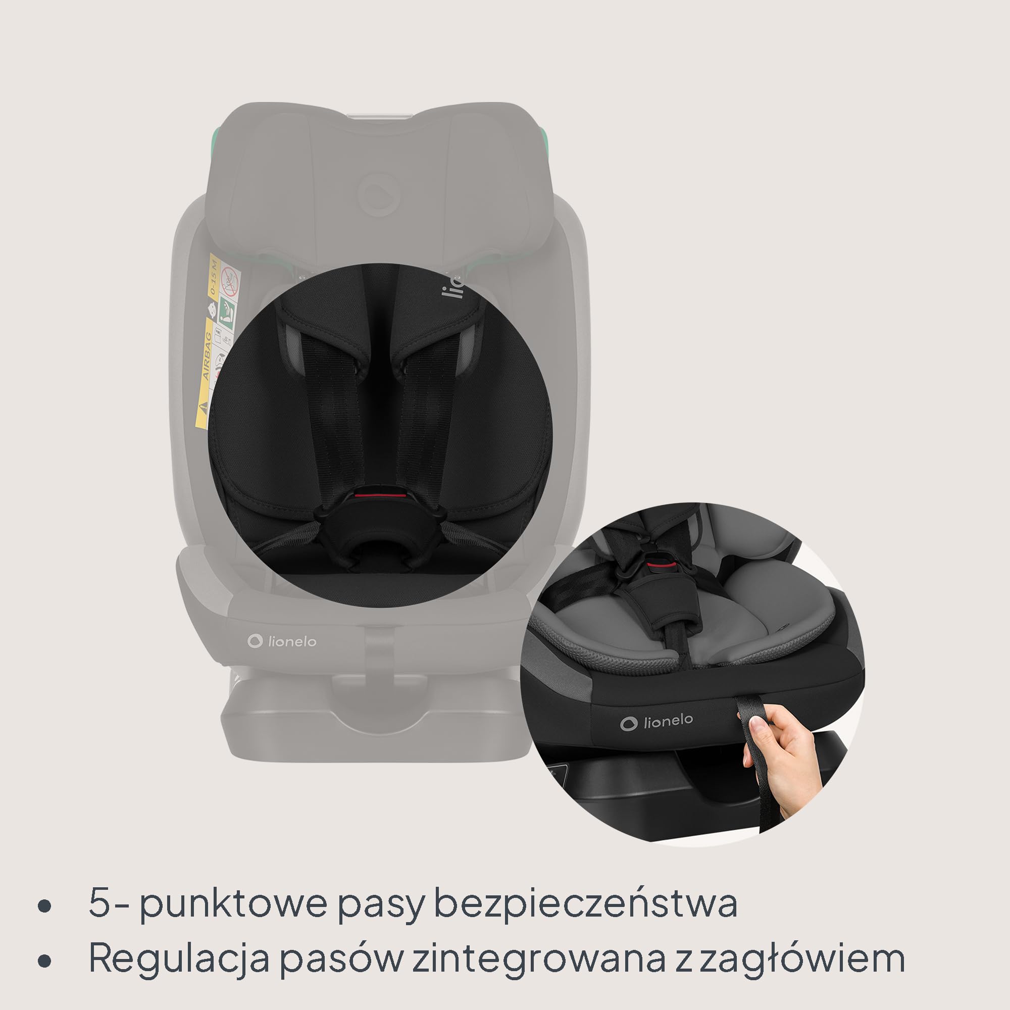 Lionelo Aart i-Size fotelik samochodowy dla dzieci, grupa 0/1/2/3, 40-150 cm, 0-12 lat, uniwersalny montaż na pasku, regulowany zagłówek z pianki memory, oparcie wsteczne i przednie, zdejmowany