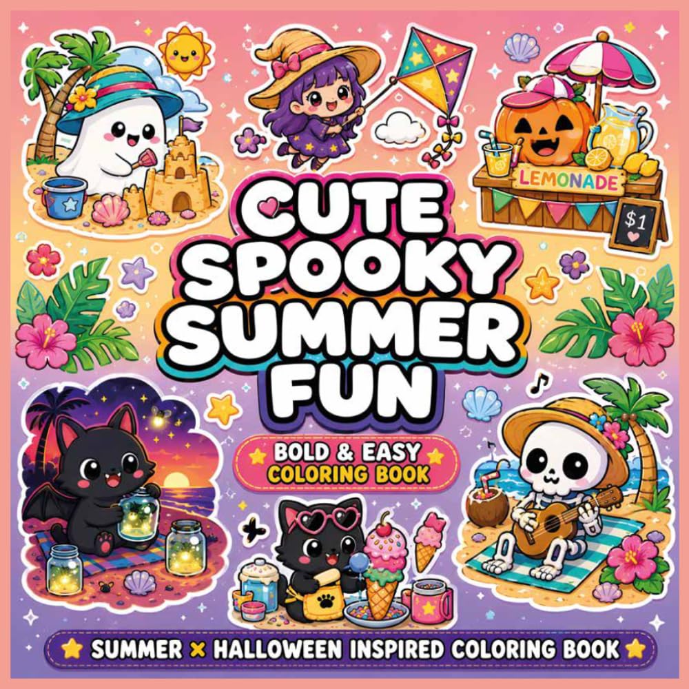 Cute Spooky Summer Fun: Beach Boos Coloring Book, Bold and Easy Summerween Coloring Pages for Kids and Adults | Cute Summer & Halloween Scenes
